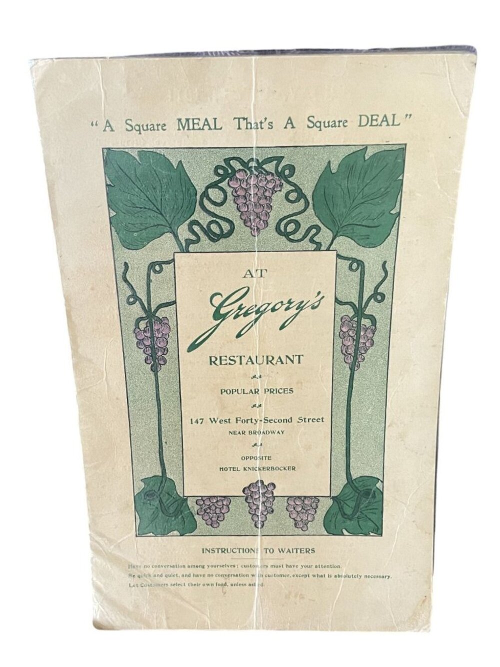 Vintage Gregorys Restaurant 1911 Menu Ephemera